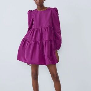 ZARA Voluminous Taffeta Tiered Mini Dress in Purple Violet. (XS)